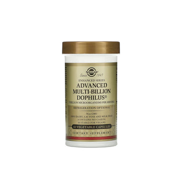 A bottle of Solgar's Advanced Multi-Billion Dophilus 60 Vegetable Capsules on a white background.